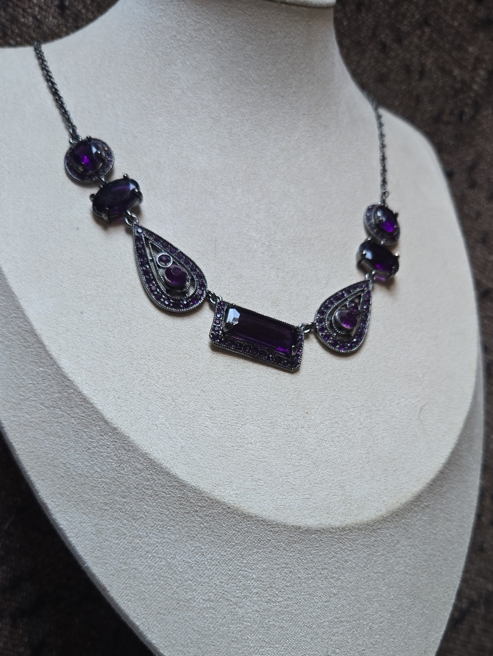 Vintage Gunmetal Purple Gem Crystal Teardrop Necklace Y2k 💫 Gothic Alternative